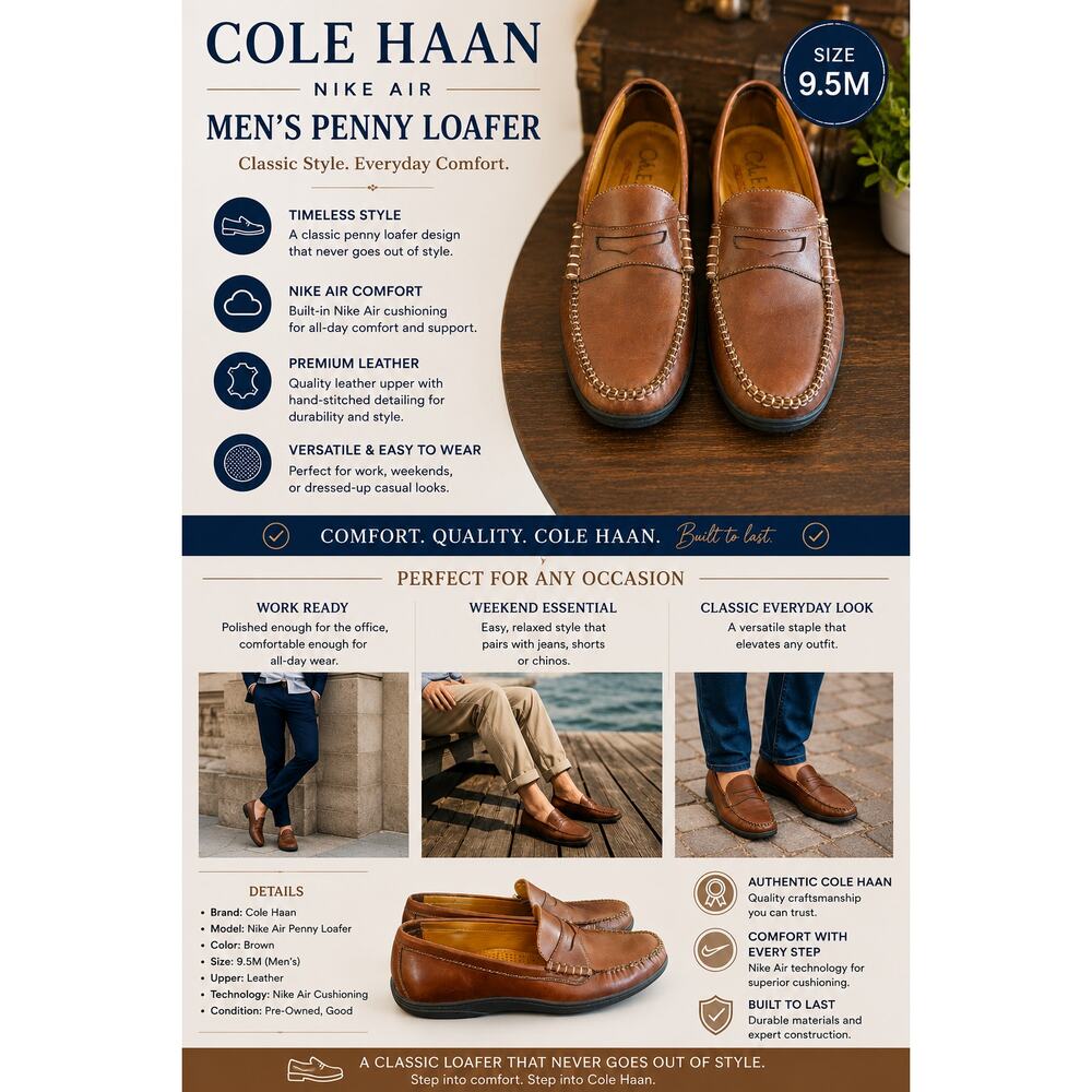 Cole Haan Nike Air Mens Penny Loafer Leather Brown Slip On Classic SZ9.5M